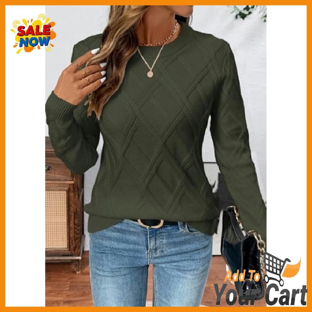 Cable Knit Crewneck Sweater, Viscose Blend, Fall Winter Tops - Picture 6 of 7